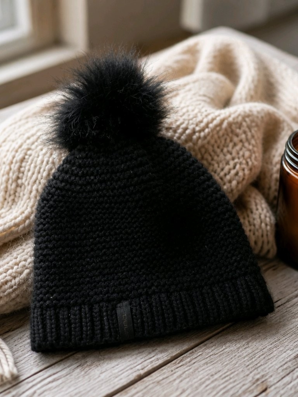 Bula Kids Black Textured Knit Winter Beanie Hat Faux Fur Pom Pom